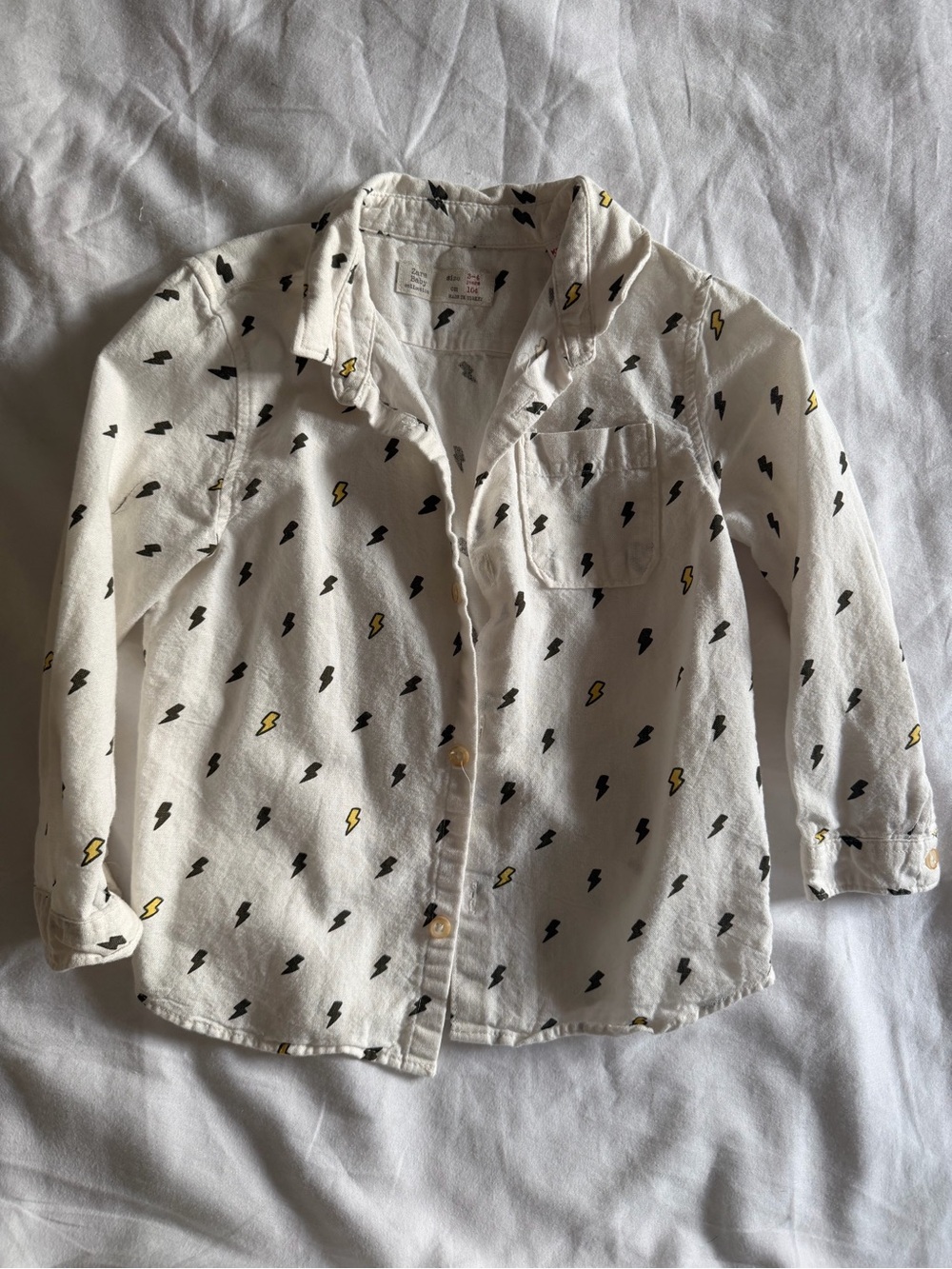 Zara Kids Long-Sleeve Button-Up Shirt with Lightning Print - White, size 3-4T